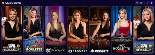 Sección “Live Casino” con una fila de juegos en vivo, mostrando crupieres y títulos como Speed Blackjack, Azure Roulette, English Blackjack, Baccarat, Roulette, Auto Roulette Live y Azure Blackjack