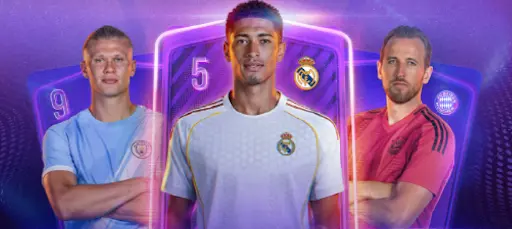 Imagen promocional con tres futbolistas frente a cartas brillantes y un fondo morado con efecto neón