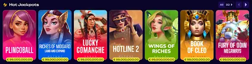 Sección “Hot Jackpots” con una fila de tragamonedas destacadas, incluyendo Plingoball, Riches of Midgard, Lucky Comanche, Hotline 2, Wings of Riches, Book of Cleo y Fury of Odin Megaways, con premios mostrados en la parte inferior