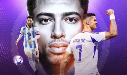 Imagen promocional con temática de fútbol sobre fondo morado, con dos jugadores y un balón frente a un gran retrato en blanco y negro
